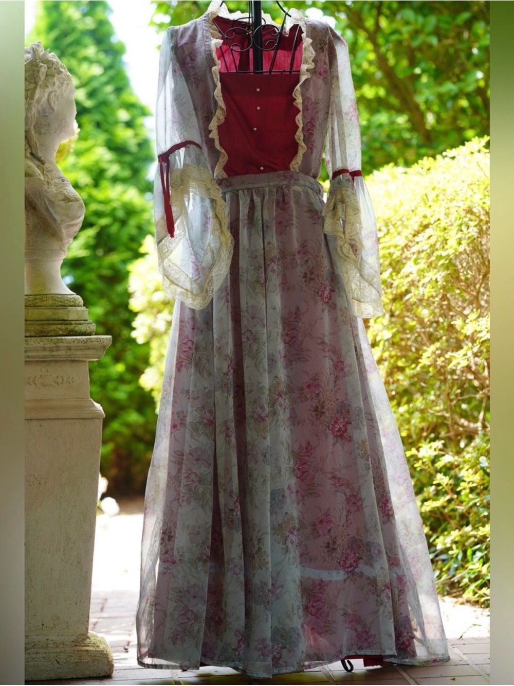Romantic Floral Renaissance Dress with Red Corset | Victorian Fairy Tale Gown - Picture 3 of 6